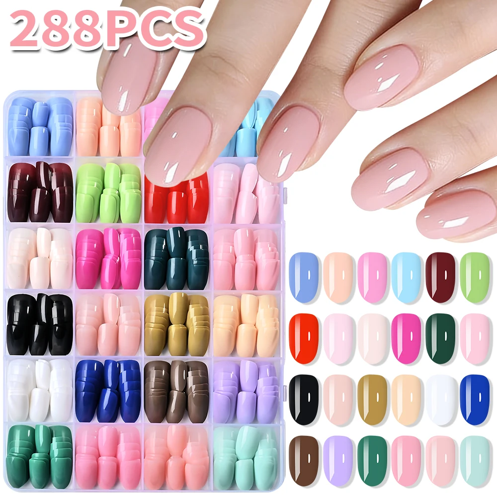 288 Stück 24 Farben Kurze Ovale Aufklebenägel Bunte Vollabdeckende Kunstnägel für Alltag, Büro, Dating, DIY Handmaniküre Dekoration T