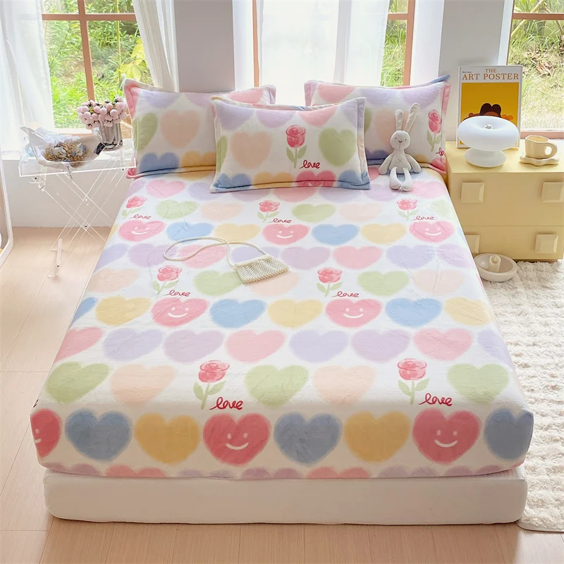 3Pcs Colorful Heart Pattern Flannel Fitted Sheet Set Skin-friendly Fuzzy Non-slip Mattress Cover Winter Home Warm Soft Bed Cover