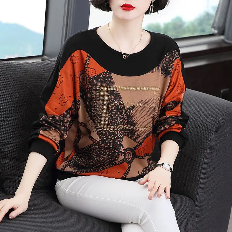 Vintage Printed O-Neck Spliced Diamonds Korean Blouse Women\'s Clothing 2022 Autumn New Oversized Casual Pullovers Commute Shirt