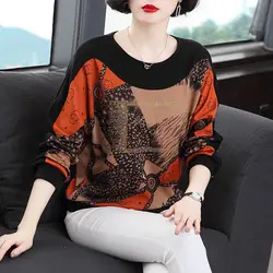 Blusa coreana con estampado Vintage para mujer, Jersey informal de gran tamaño con cuello redondo y diamantes empalmados, ropa de viaje, Otoño, 2022