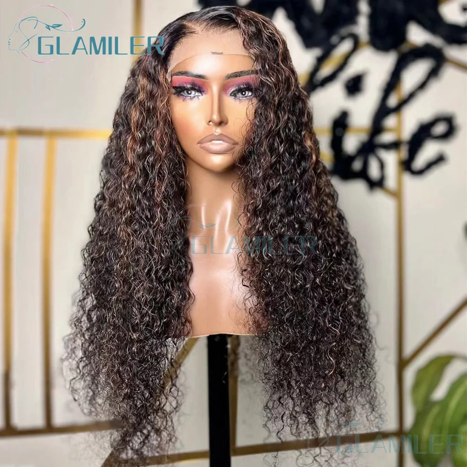 Highlight Dark Brown Deep Curly 13x4 Silk Top Lace Frontal Wig 100% Human Hair Bleached Wig Deep Kinky Curly Human Hair Wigs