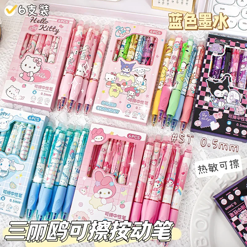 Sanrio Hello Kitty 6PCS Erasable Gel Pen Cute Cartoon Kuromi Cinnamoroll Blue Ink Writing Pen Learning Stationery Holiday Gifts