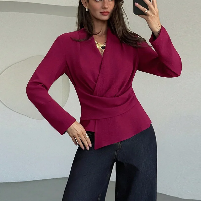 

Casual Long Sleeve Ruffles Blouse Office Lady Solid Color Women Wrap Shirts Lapel Collar Elegant Shirt Woman Fashion Female Tops