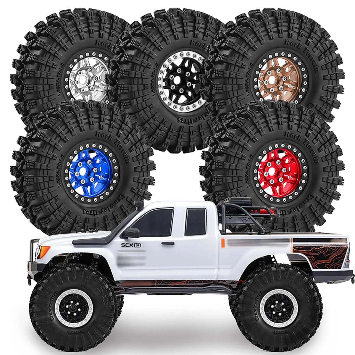 

Комплект 1,9-дюймовых легкосплавных дисков с бедлоком и шин для радиоуправляемых краулеров 1/10 Axial SCX10 II III 90046 AX103007 TRX4 6 Gen7 8, запчасти для тюнинга