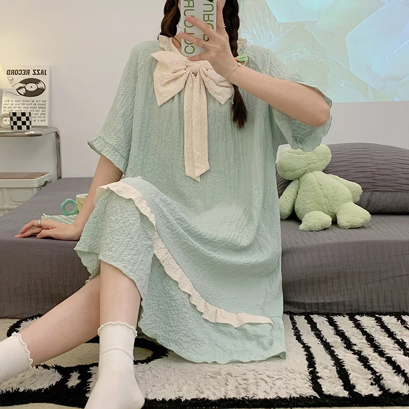 Bow Nightgowns Women Loose Summer Mori Girl Style Elegant Cute Exquisite Soft Homewear Students Spliced Pleated Versatile Daily