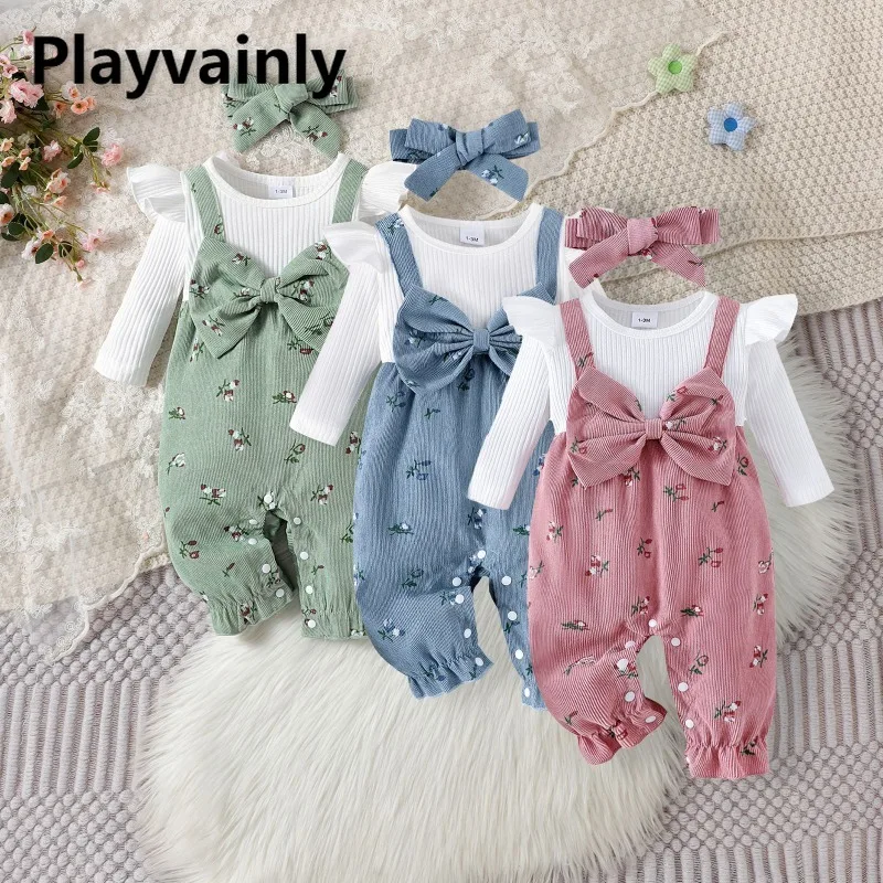 

Новая осенне-зимняя одежда для девочек: топ с рюшами и длинными рукавами в полоску + комбинезон с цветочным принтом на бретелях (розовый, зеленый, синий) + головной убор Y0004