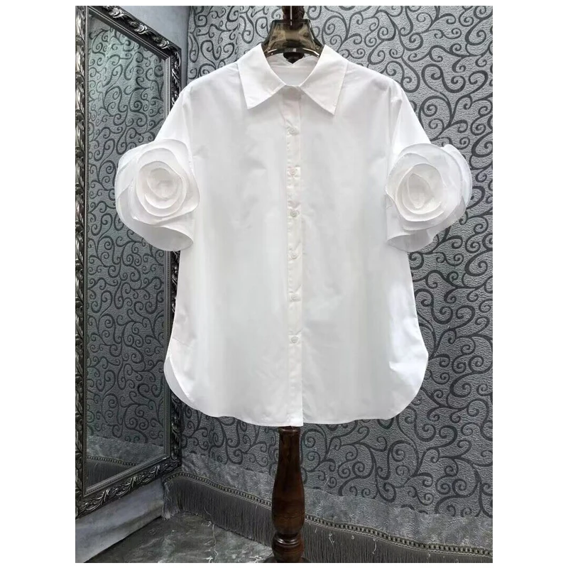 Summer 2026 Women's Short Sleeve Shirt Collar Design Sensation Small Audience Floral Embroidery Loose Fit Breathable Ski...