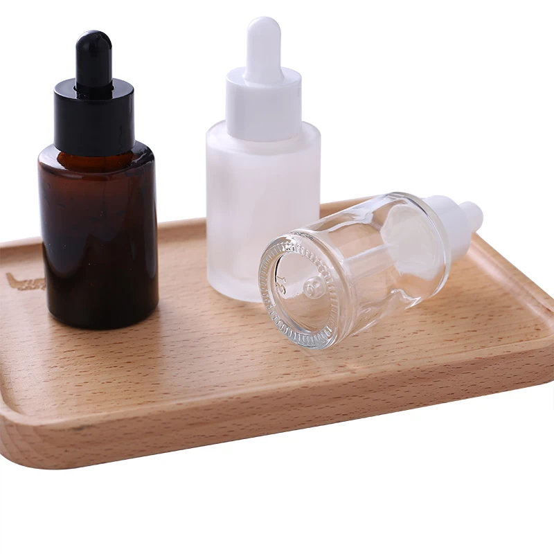 240pcs Amber clear frosted 1 oz 1oz 30 ml 30ml flat shoulder cylinder glass dropper bottle for serum essential oil frosted glass