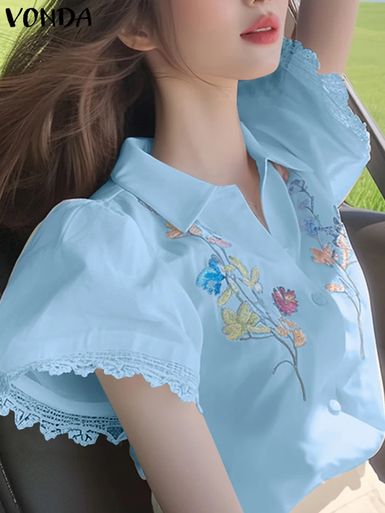 Lace Patchwork Women Shirt VONDA Fashion Floral Print Blouse Short Sleeve Summer Tops Tee Blusas Streetwear Female Tunic