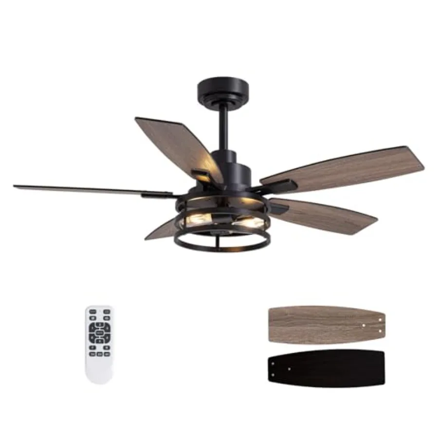 Farmhouse ceiling fan for bedroom, living room and patio; metal with black cage finish; black color; 46 inch with integrated li