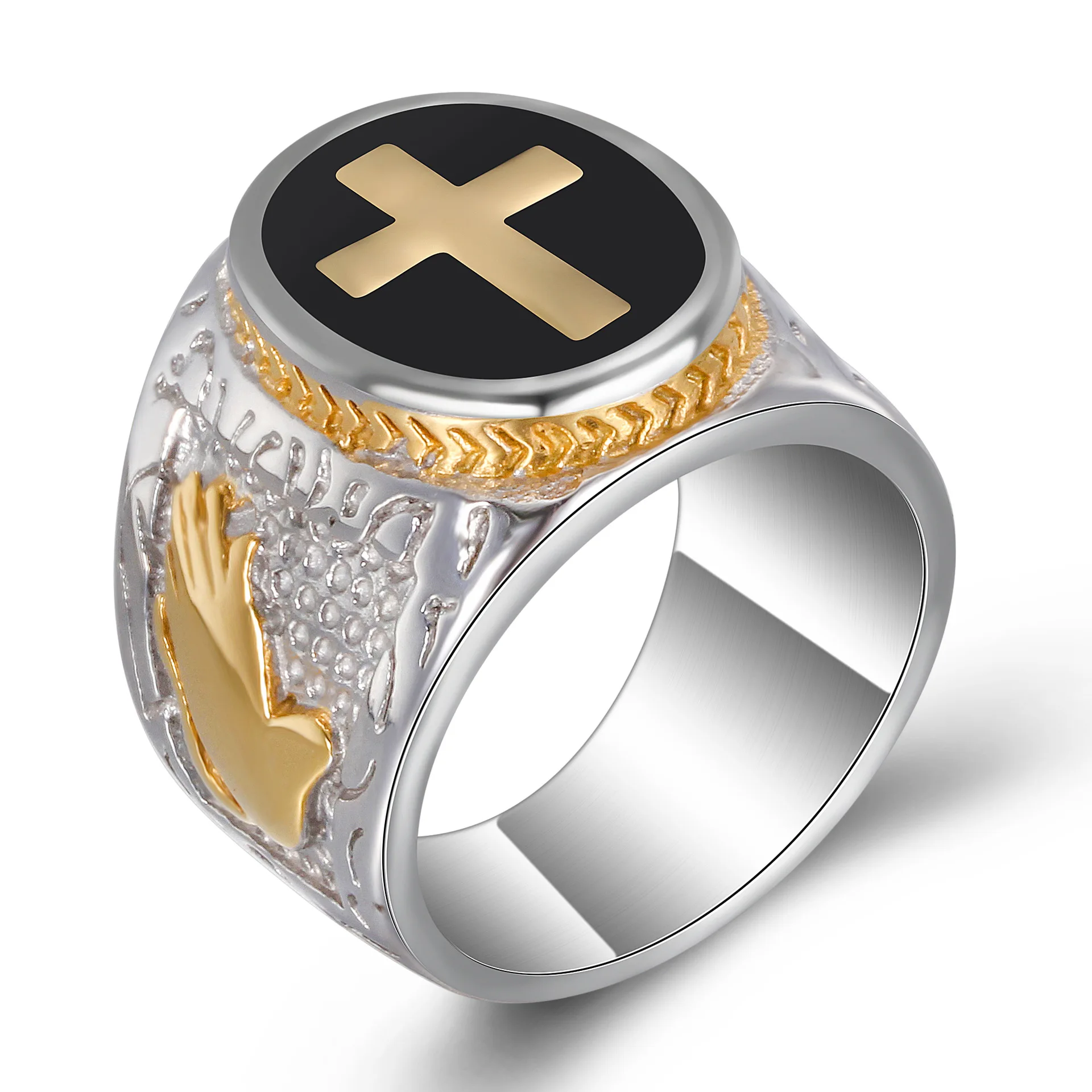 Christlicher Kreuzring für Herren aus Edelstahl, Vintage-Design mit Betenden Händen, Zweifarbiger Siegelring, Religiöser Schmuck als Taufgeschenk