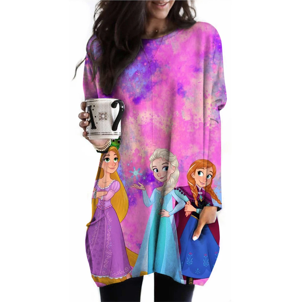 Spring and Autumn women's long sleeved round neck oversized T-shirt 3XL plus size casual Disney Princess print loose pocket long