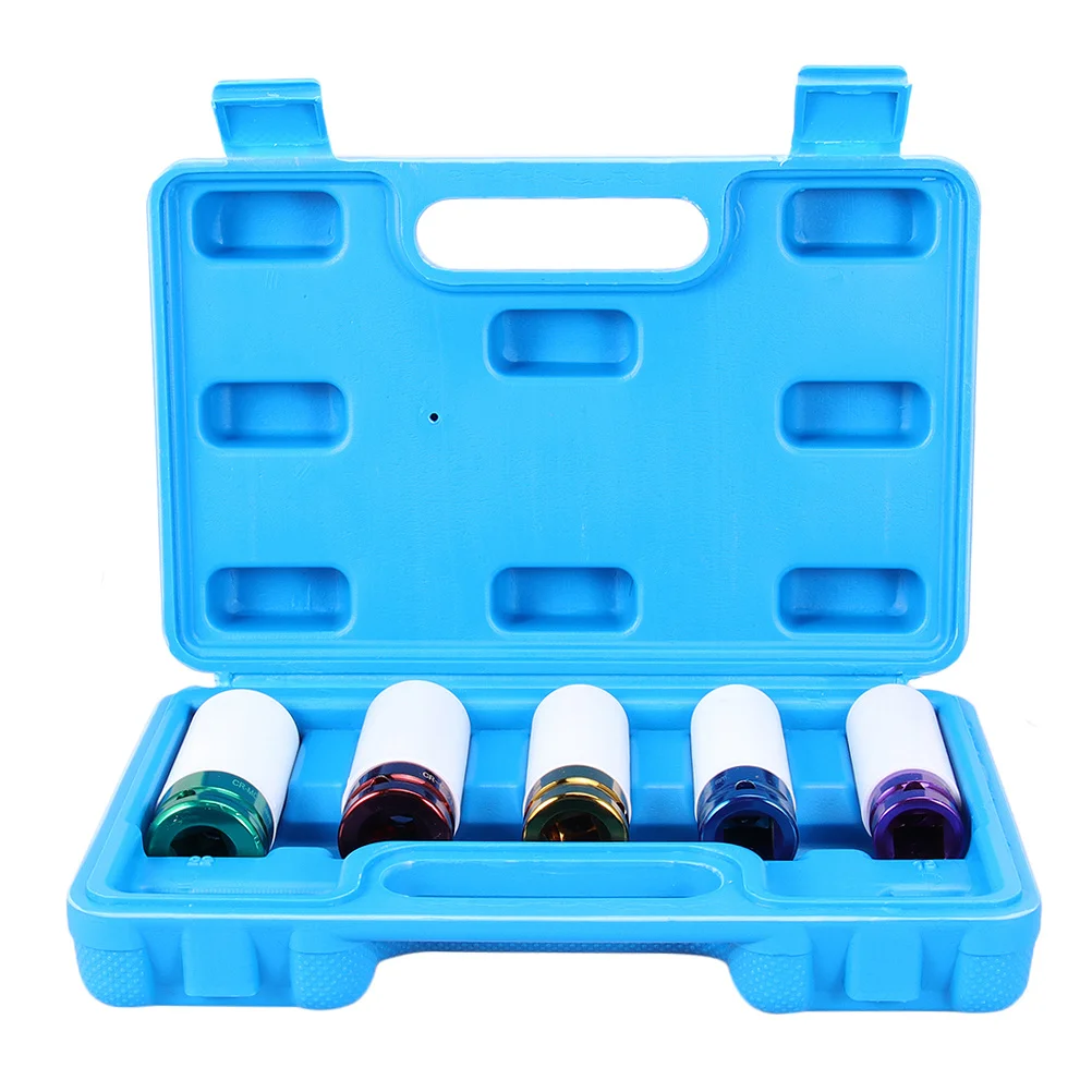 

5Pcs Car Tire Protection Socket Adapter Set Hex Drive Durable Alloy Wheel Socket 15mm 17mm 19mm 21mm 22mm Wall Deep Impact Nut