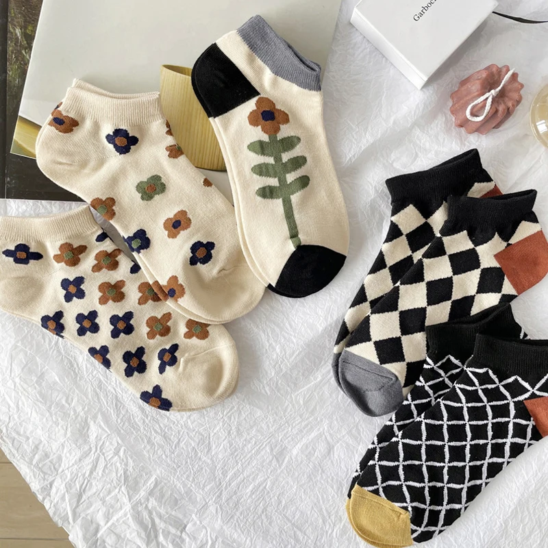5 pares de calcetines de mujer conjunto de flores a cuadros japonés Harajuku lindo Kawaii dulce calcetines de tubo corto cómodos calcetines tobilleros para niña