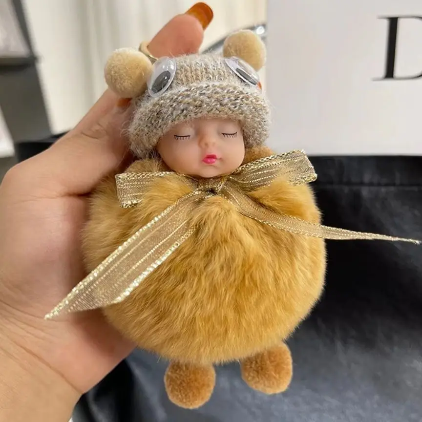 Cute Fluffy Sleepy Doll Keychain For Women Bags Keychains Wire Ring Plush Pompom Car Key Chain Kawaii Trinket Pendant Decoration