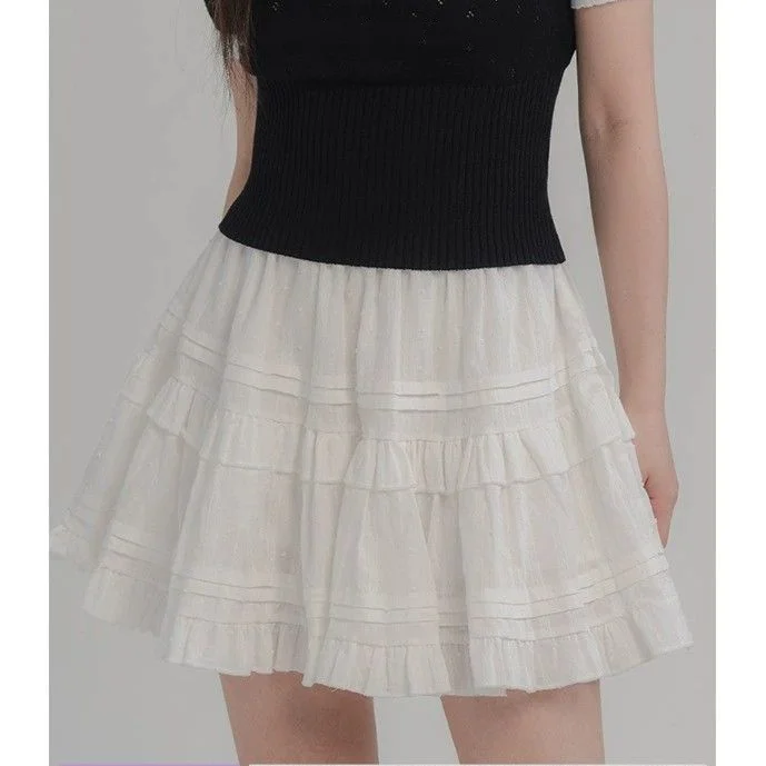 

Gentle White Cake Skirt with Ruffled Edges Sweet French Puffy Skirt Women's New Elastic Waist A-line Anti Glare Short Skirt