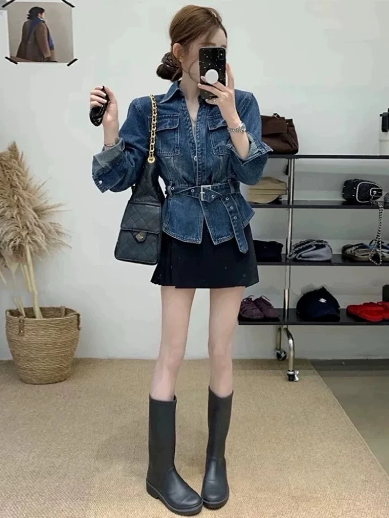 가을 신상 여성 데님 베스트, 오트칼라, 싱글 버튼 디자인, 다용도 허리 조임 탑, 출퇴근 패션