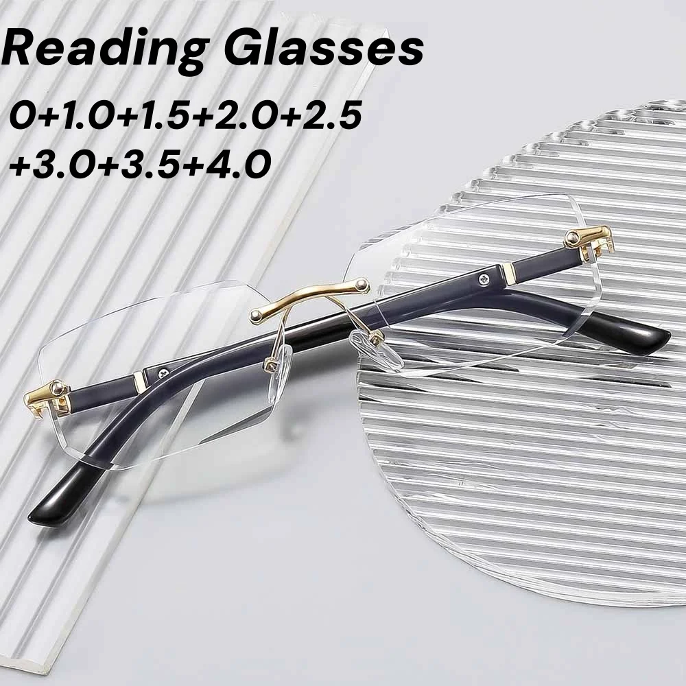 

Unisex Eyeglasses Rimless Square Finished Reading Glasses Women Men Business Style Frameless Far Sight Eyewear +1.0 To +4.0