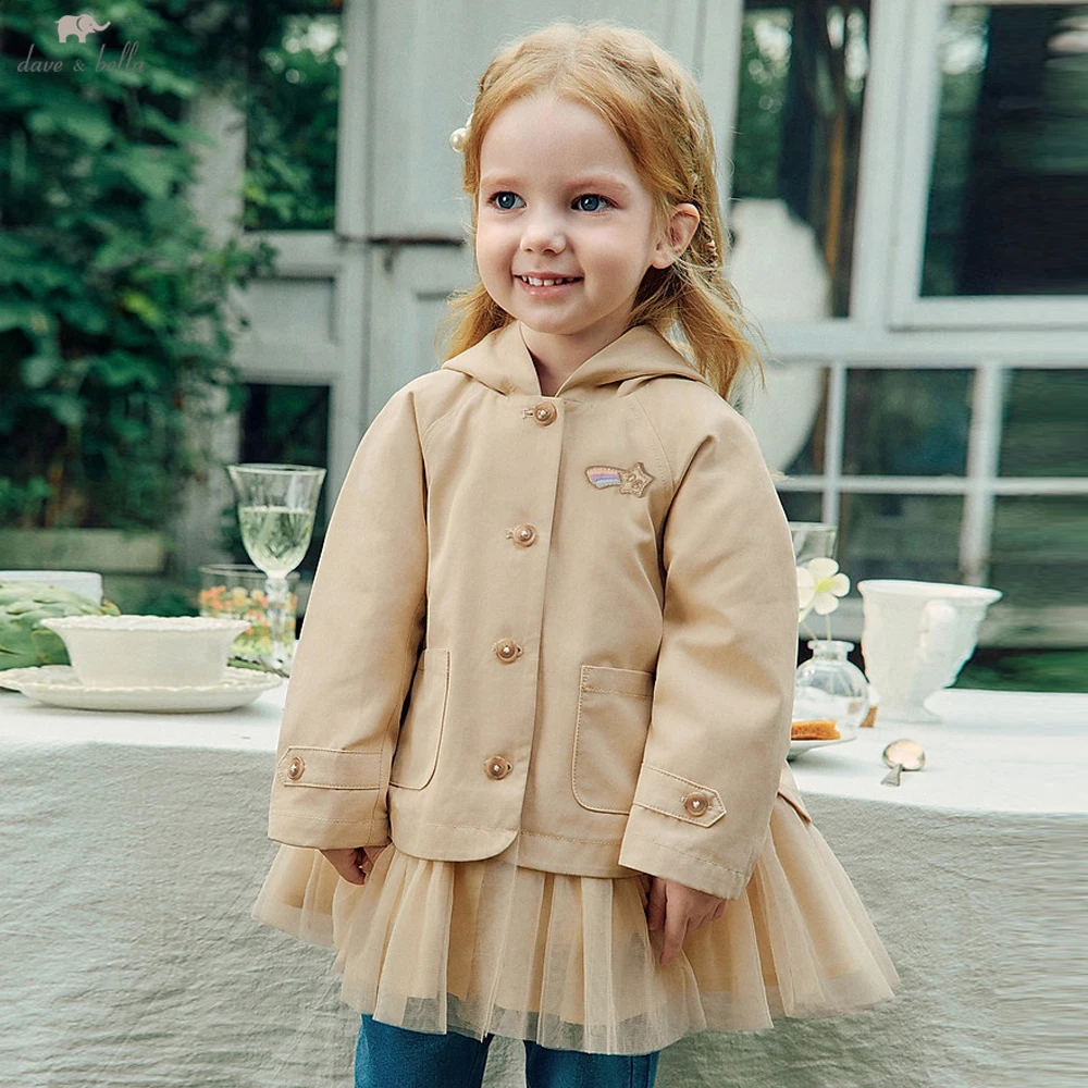 Dave Bella Girls Autumn Hooded Jacket Children Long Sleeve Mesh Windbreaker Coat Spring Outerwear Outdoor Party DB3262788