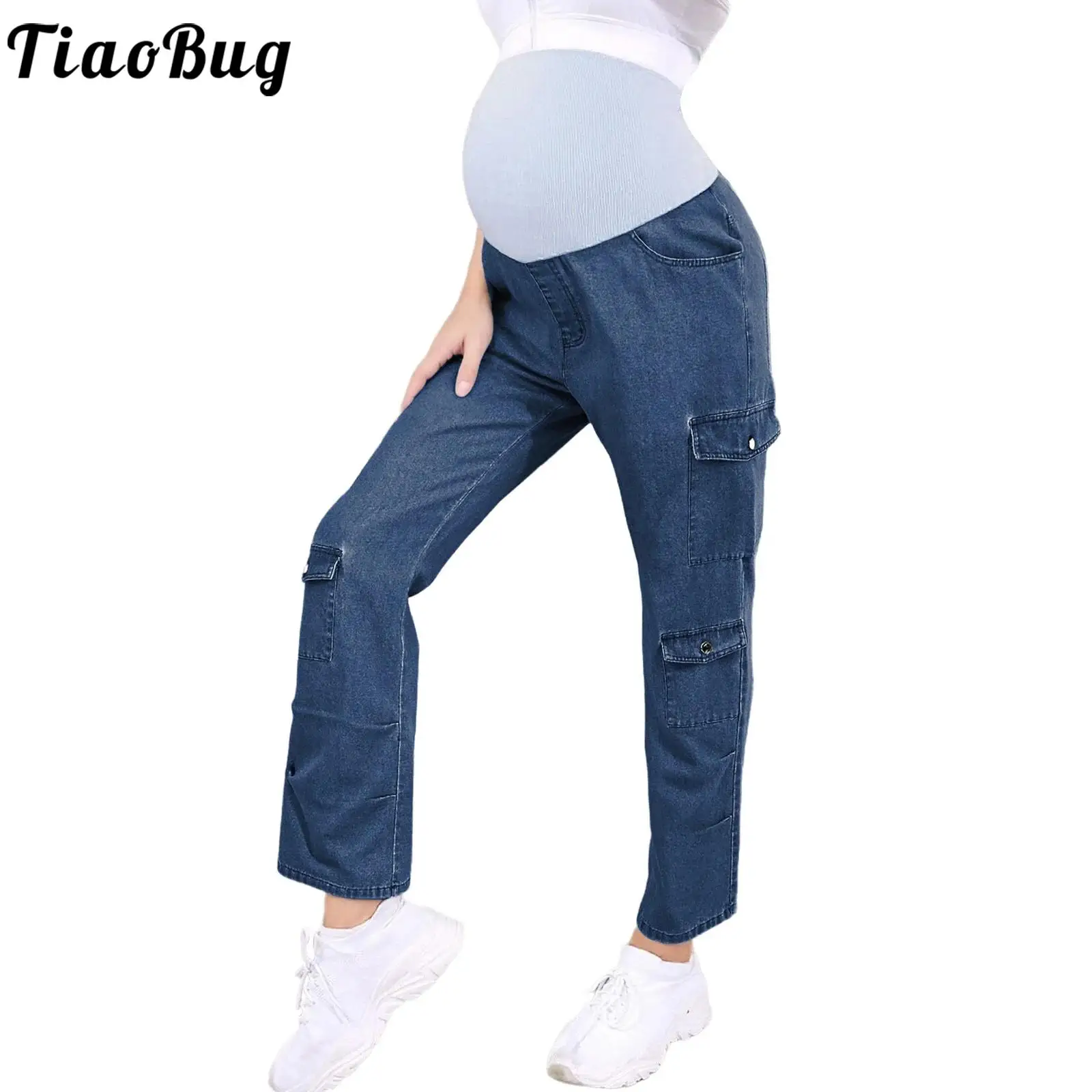 

Женские модные повседневные джинсы-карго для беременных, удобные эластичные прямые джинсовые брюки для беременных с карманами, брюки