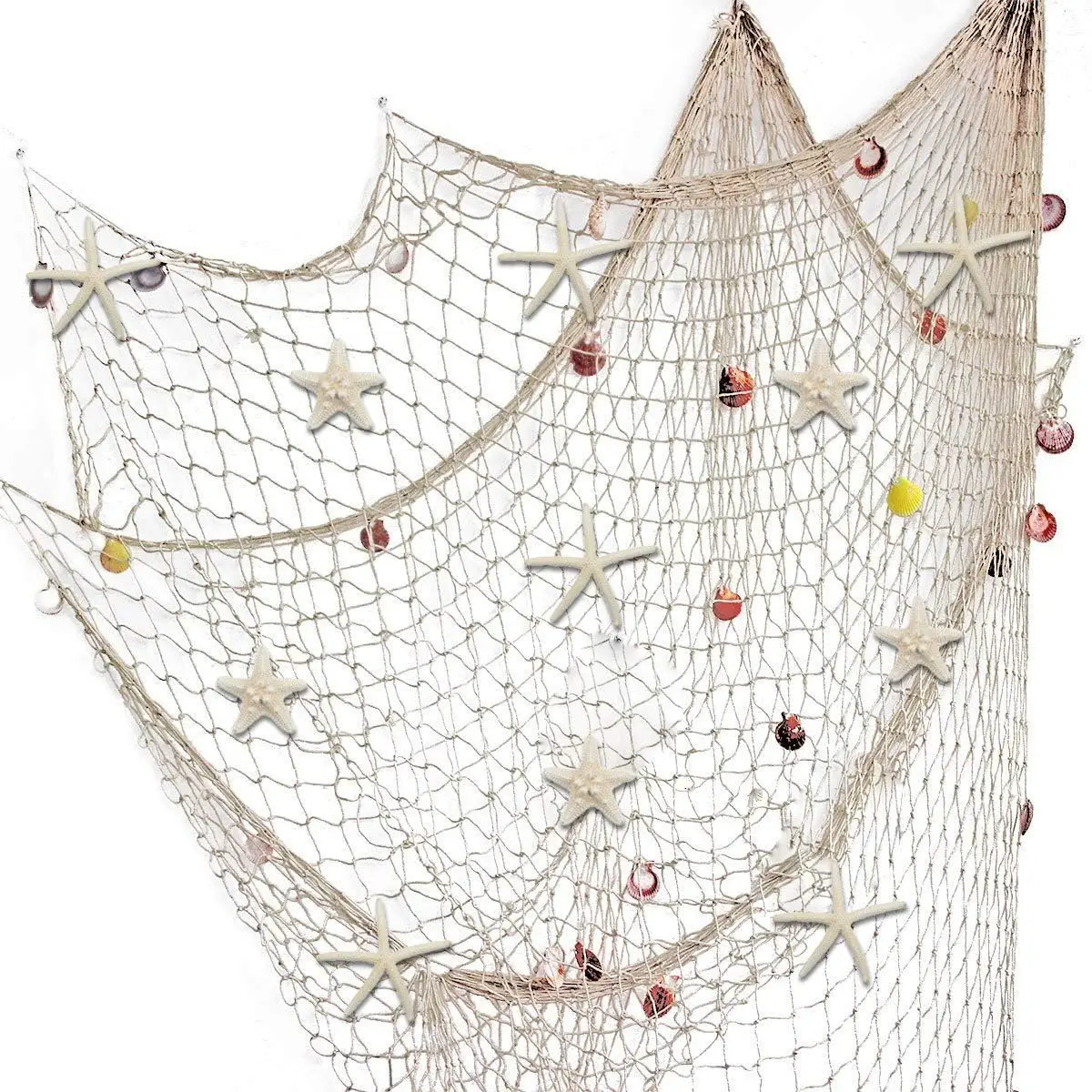 

79x59in Fish Net Wall Decor with Shells and 10 Starfish Ocean Themed for Beach Party Wedding Photography