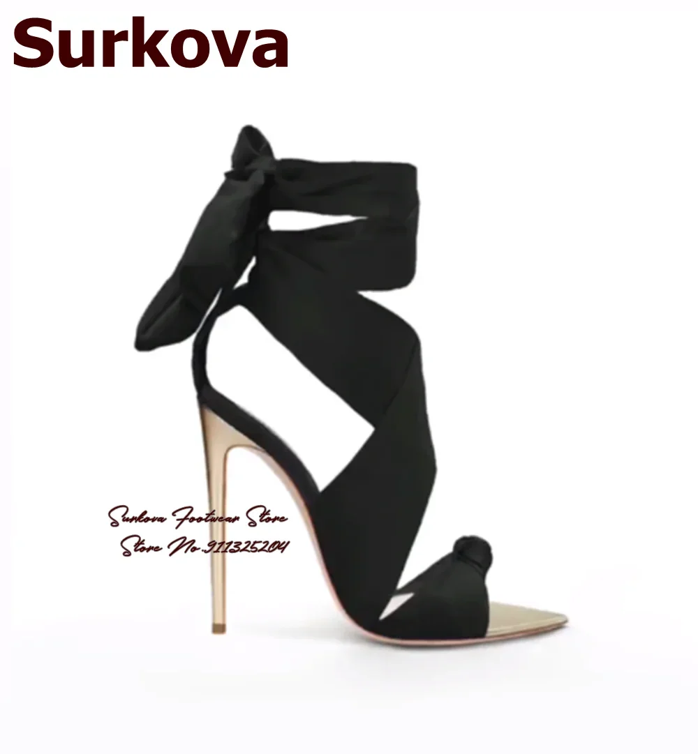 Surkova Golden Heels Royal Blue Satin Sandals Stilettos Pointed Toe Butterfly-know Dress Shoes Lace-up Bunny Ears Bowtie Pumps