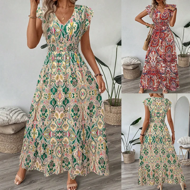 Women's Floral Print Summer Dress 2025 New Boho A-Line Swing Dress With Sleeveless High Waist Flowy Maxi Dress For Beach Vestido
