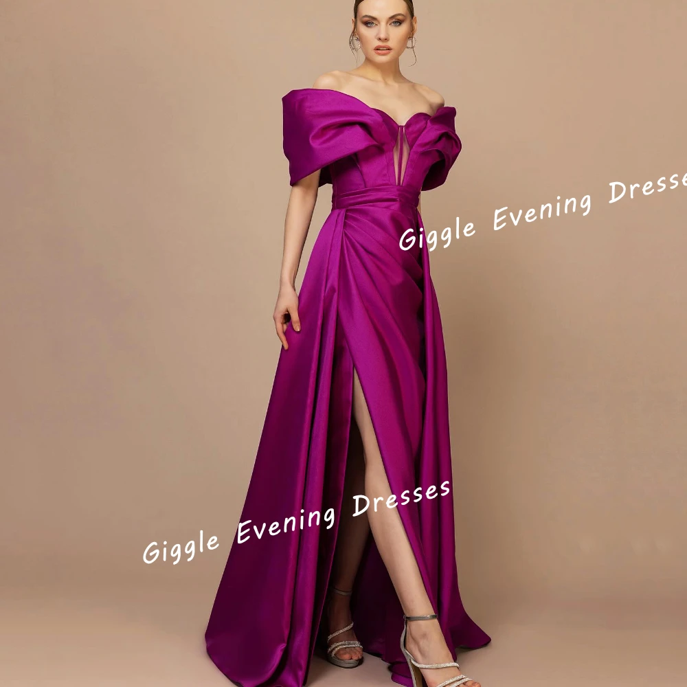 

Giggle Satin Off-Shoulder Pleating Slit Elegance Prom Gown Saudi Arab A-Line Floor-Length Evening Party Dresses for Women 2024