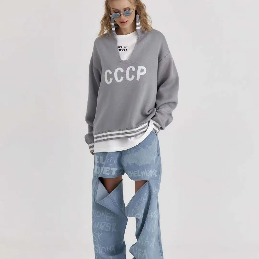 

Loose Knit Sweater Casual Letter Top Warm V-Ne Long Sve Autumn Faion Commute Sle Comfortable Knittingwear