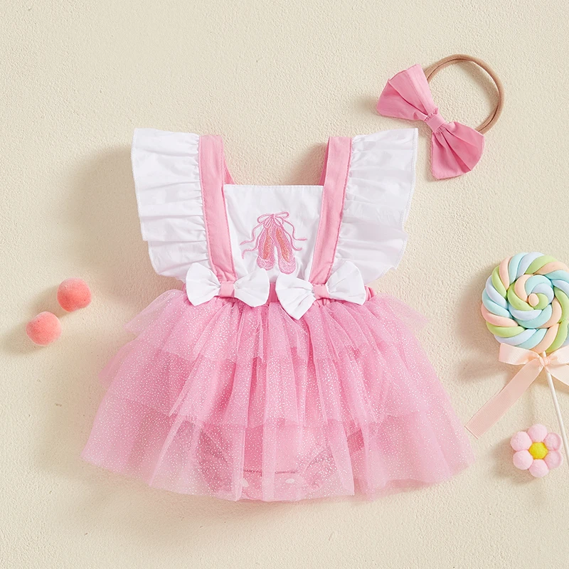 Bebek Kız Prenses Romper Fırfır Kolsuz Kare Boyun Nakış Yapış Alt Tulum Tül Patchwork Tulum Kafa Bandı ile