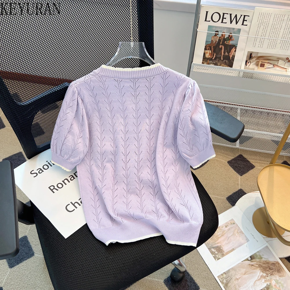 2024 Summer Hollow Out Sweater Women\'s Pullover Vintage Korean Fashion O-Neck Short Sleeve Loose Ice Silk Knitted Tops Jumper