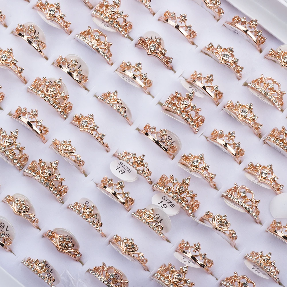 

50pcs/lot Fashion Crown Silver Gold Color Metal Rings For Women Mix Style Wedding Jewelry Party Gifts Wholesale