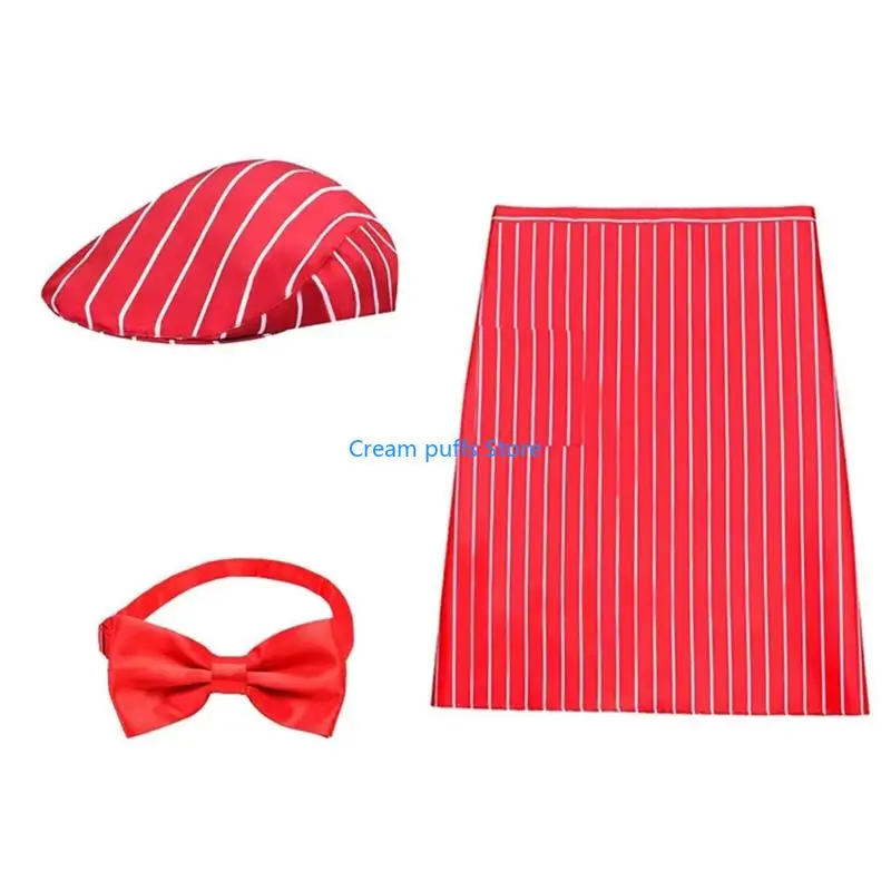 50LE 3Pcs Waitress Costume 1950s Adult Waiter Costume Kits Stripe Apron,Caps and Bowtie Carnivals Hot Dogs Sodas Jerk Costume