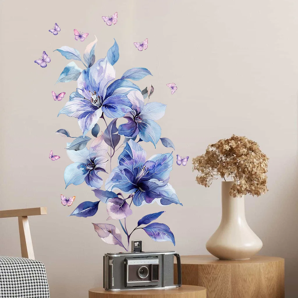 Simple fashion blue lotus porch butterfly stickers living room bedroom decoration wall pasted fashion trend decorative accessori