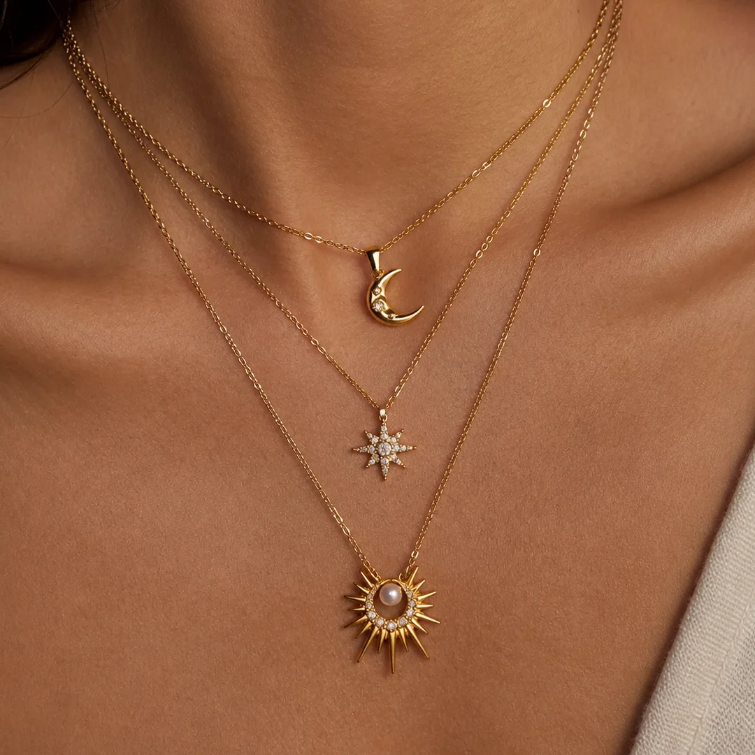 Gold Plated Stainless Steel Celestial Pendant Necklace Moon Star Sun Cubic Zirconia Waterproof Hypoallergenic Women Jewelry Gift