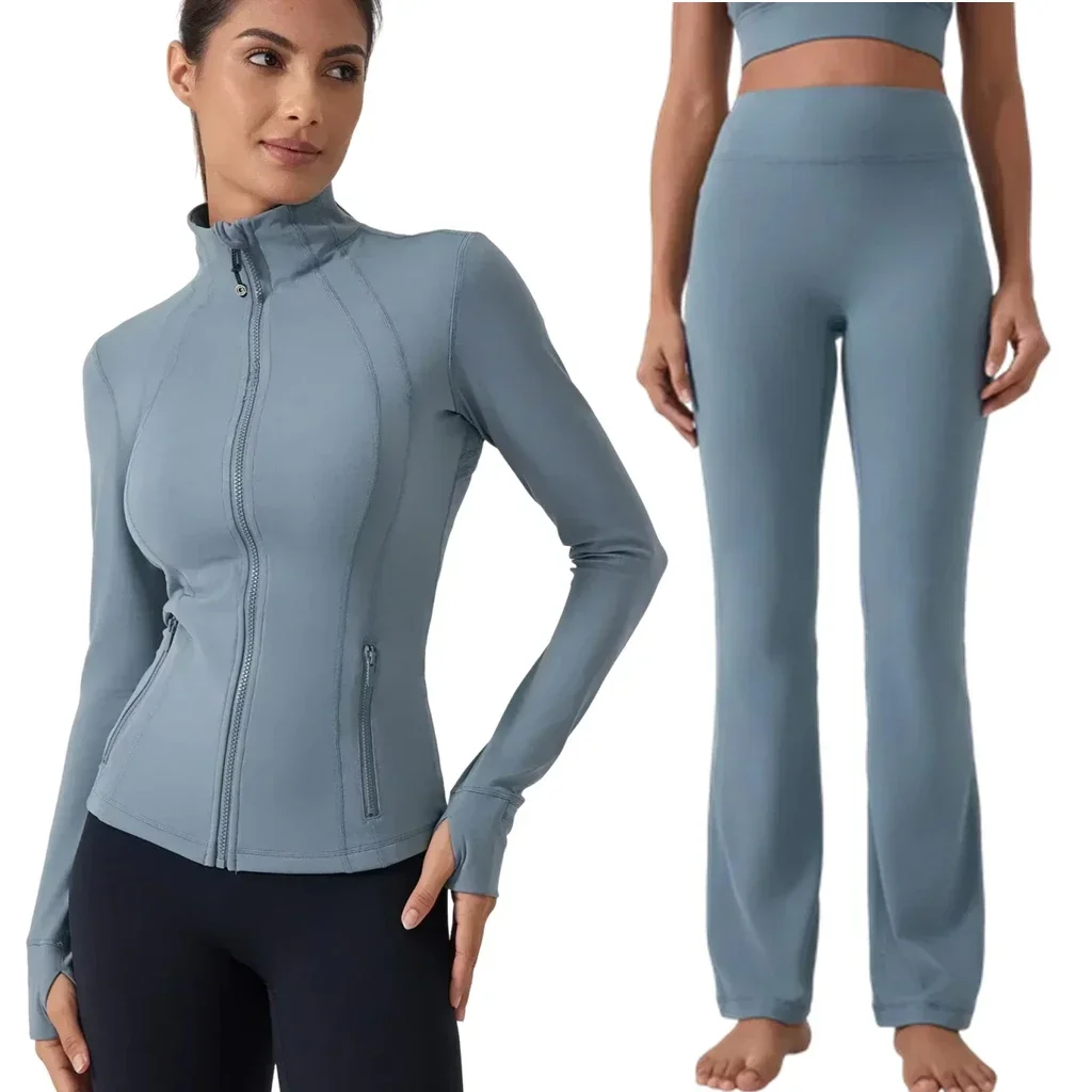 Lemon Women Sports Jacket Groove High Waist Flared Pants Nylon Stretch Zipper Running Yoga Long-sleeved Top Jacket Outerwear