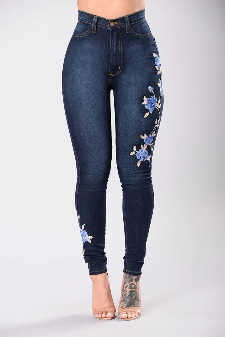 

Embroidered High Waist Jeans Women's Trousers 209 Faionable Ladies Denim Pants Comfortable Fit Straight Leg Jeans