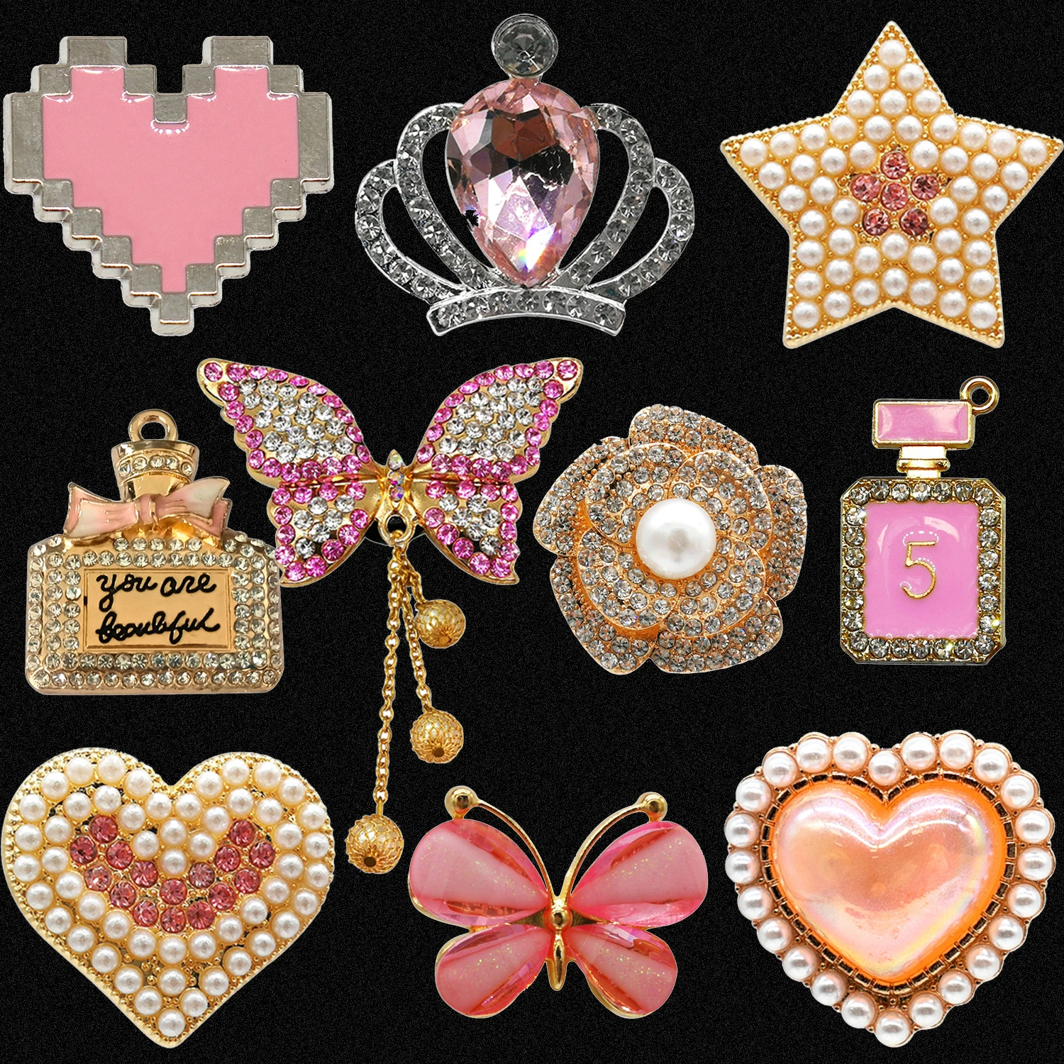 1/10 pçs rosa borboleta designer metal sapato encantos coroa coração perfume decorações de luxo pinos para mulheres meninas acessórios de sapato