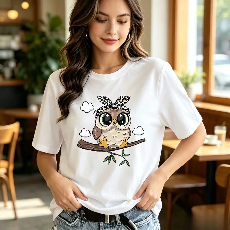 Women Cute Owl Graphic Tee Leopard Print Bow Branch Leaf Cloud Modal Casual Daily Animal Lover Gift Top