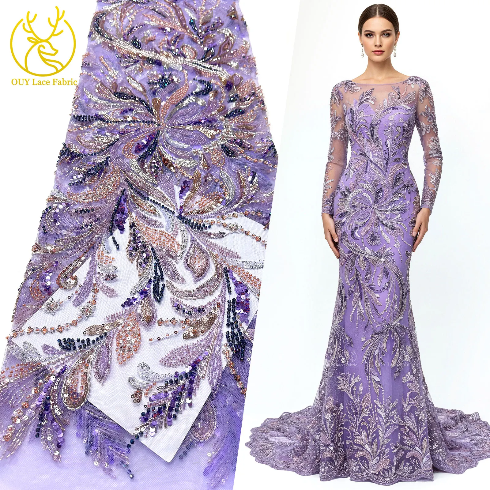 

Purple Luxury Handmade Heavy Beaded Lace Fabric 2026 African Nigerian Tulle Sequined Lace Fabric Gown Haute Couture Fabric