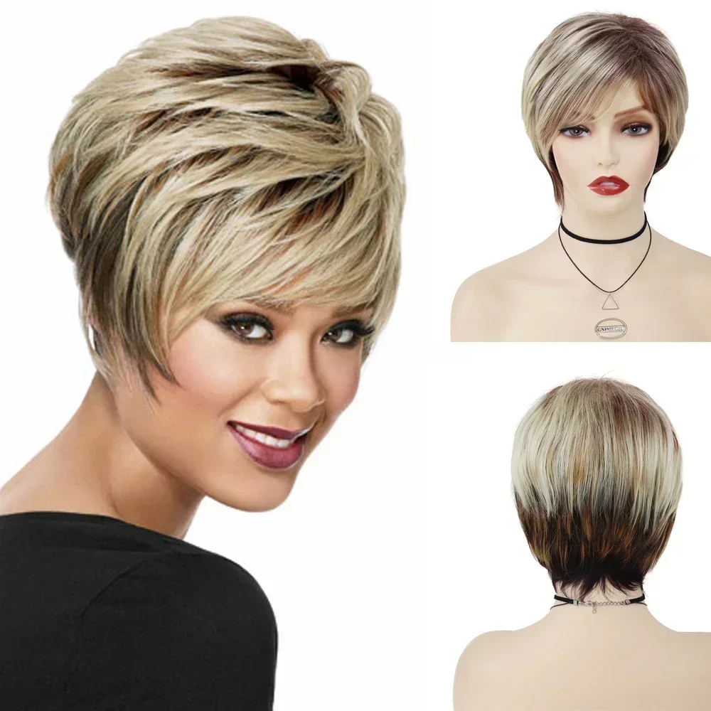 Synthetic Short Blonde Wigs for White Women Brown Mixed Brown Natural Wig with Bang Short Pixie Cuts Mommy Wig Elderly Mother