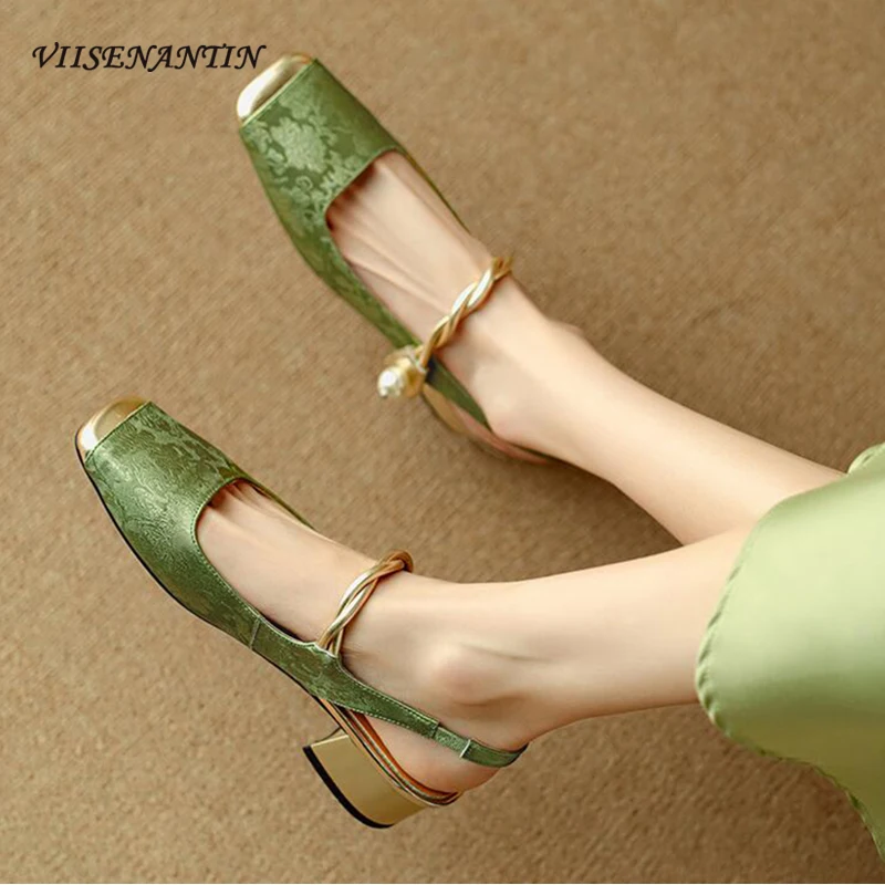 

New Chinese Style Square Toe Med Heel Slingback Women Shoes 2024 Spring Summer Real Leather Patchwork Chunky Heel Women Sandals