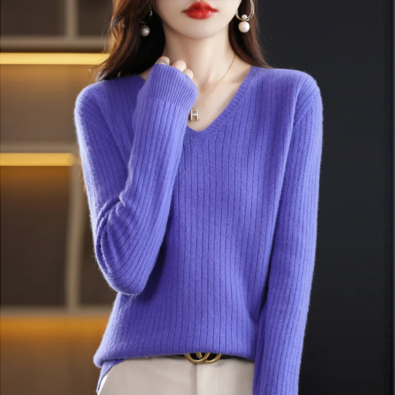 V-Neck Knitted Pullover Pit Strip Undercoat Autumn Winter New Women Long Sleeve Short Sweater with Loose Fashion Slim Fit Inside