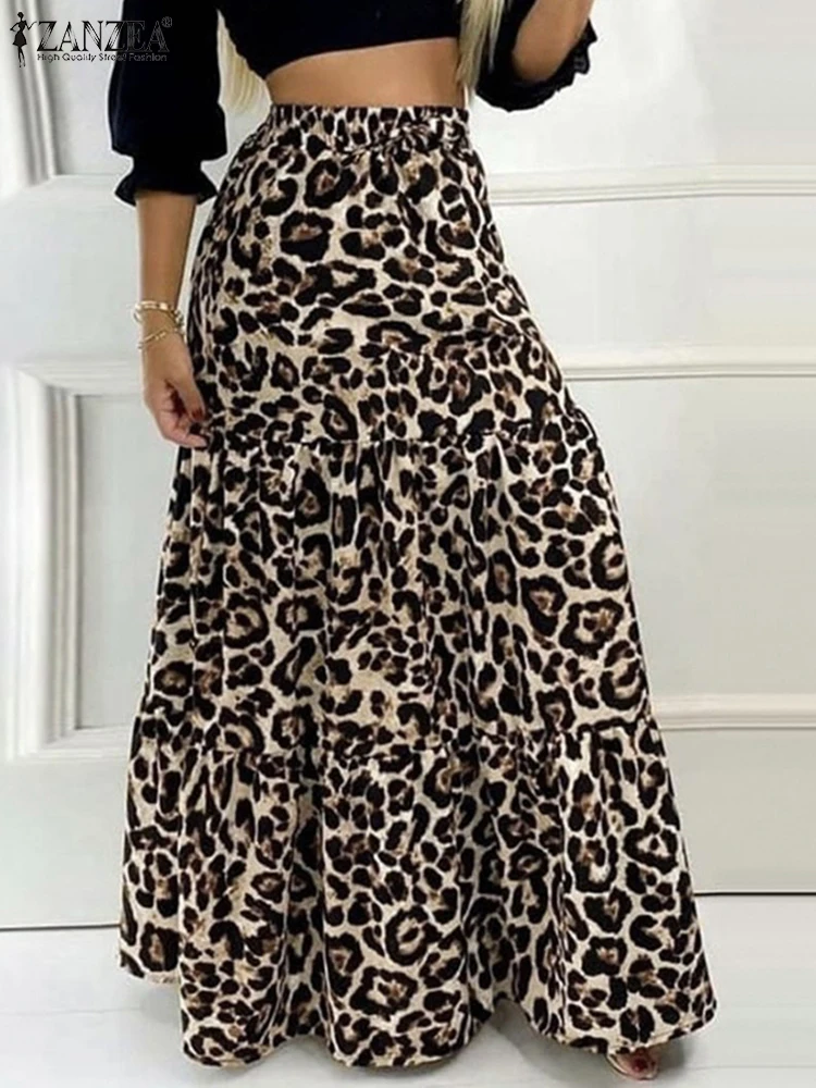 

ZANZEA, модные юбки с леопардовым принтом, летние вечерние макси-юбки, женские 2021, сексуальные трапециевидные юбки с рюшами, повседневные свободные низы