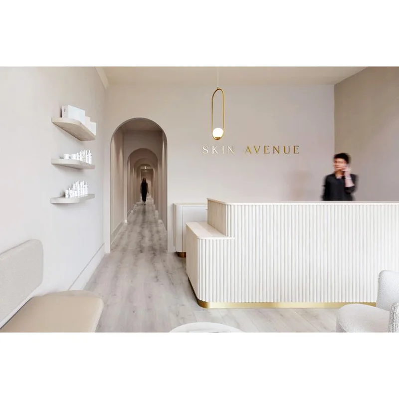 

Customized.Custom Solid Surface Front Desk Modern Small White L-shaped Reception Desk for Office Beauty Salon Hotel School
