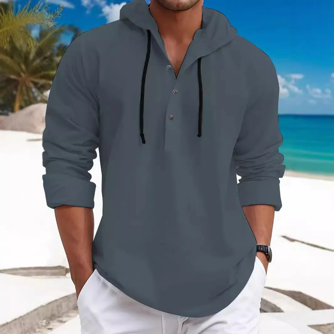 Fall 2024 New Casual Men's Pearl Cotton Small Twill Hooded Button-Up Shirt