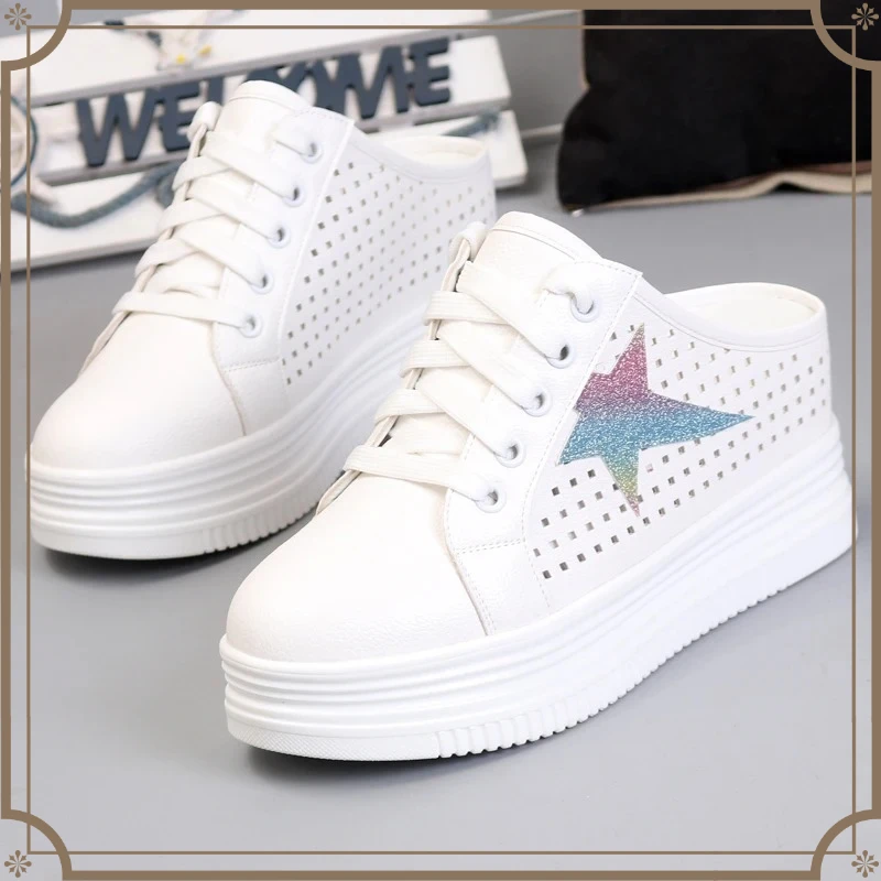 Summer Hollow Breathable Small White Shoes Female Thick Sole Inside Increase 8CM Lazy Shoes Slip-on Half Slippers Without Heels