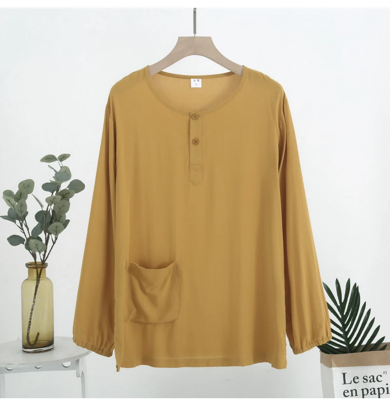 Summer Cotton Silk Men's Long Sleeve T-shirt Royal Blue Loose Plus Size Fat 5XL Casual Home Wear Cool Breathable Pajamas