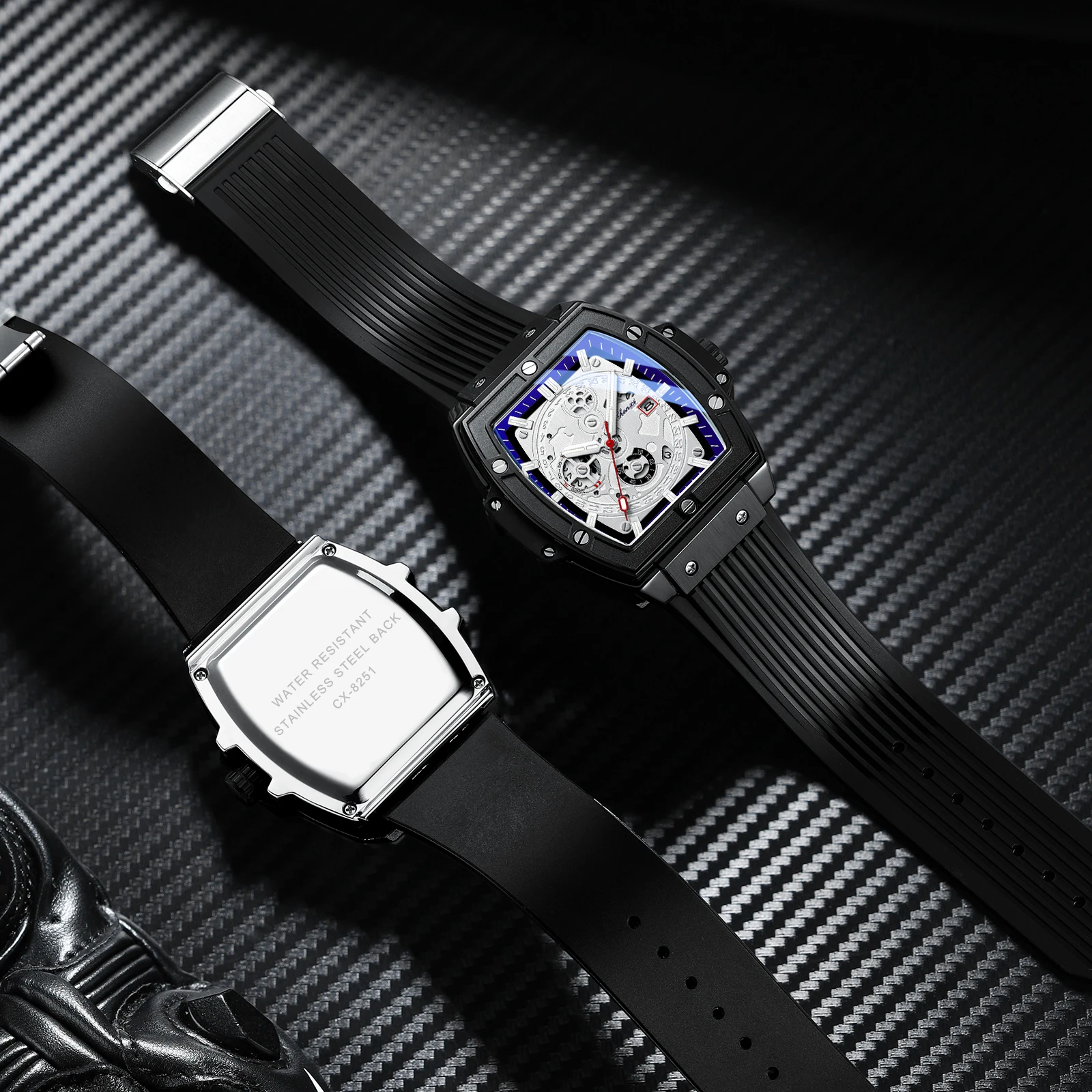 CHENXI 8251 Relógio de quartzo masculino barril de vinho quadrado calendário legal relógio com fita de silicone luminosa à prova d'água