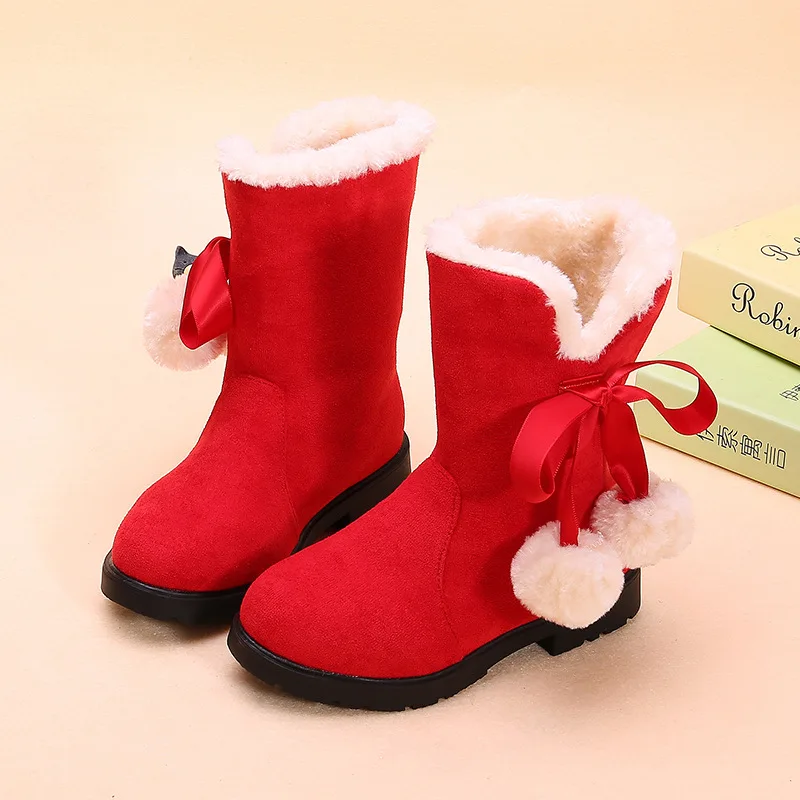 Girls Snow Boots Winter Warm Plush Kids Boots Cute Princess Sweet Bow-knot with Ball Hairball Flock Children Winter Boots 27-38